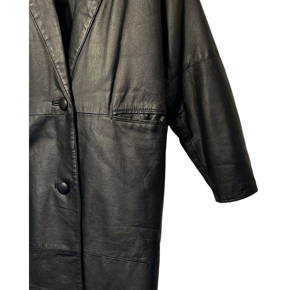 G-III Black Leather Trench Coat Womens Size M Long Maxi Jacket Button Front Vntg - Picture 11 of 14